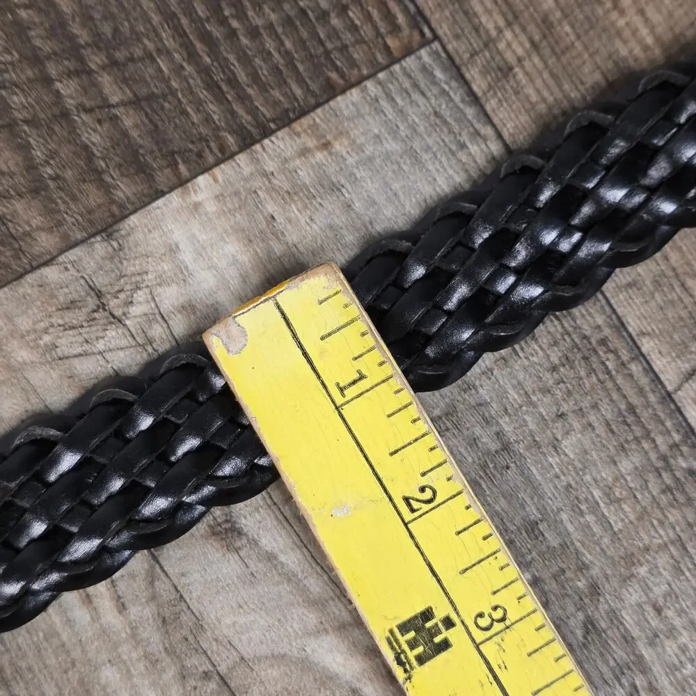 Black Braided Genuine Leather Belt Silver Buckle Adjustable